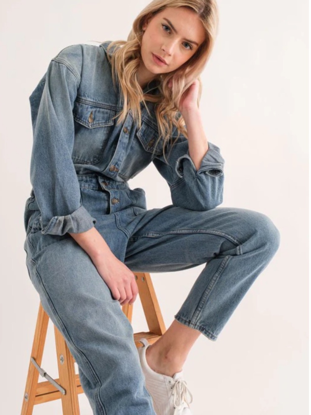 Aaron & Amber Rumi Denim Long Sleeve Jumpsuit Sz Small NWT